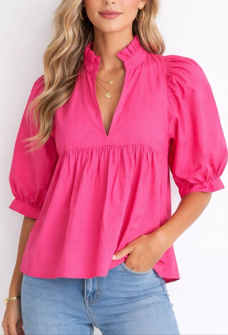 Never A Wallflower High Neck Puff Sleeve Blouse Hot Pink Cotton XS NWT